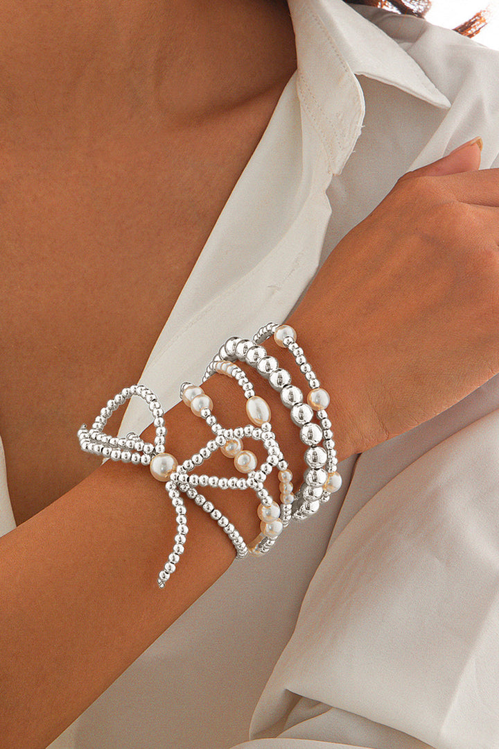 Bow Knot Pearl Beaded Multi Layered Bracelet Set
