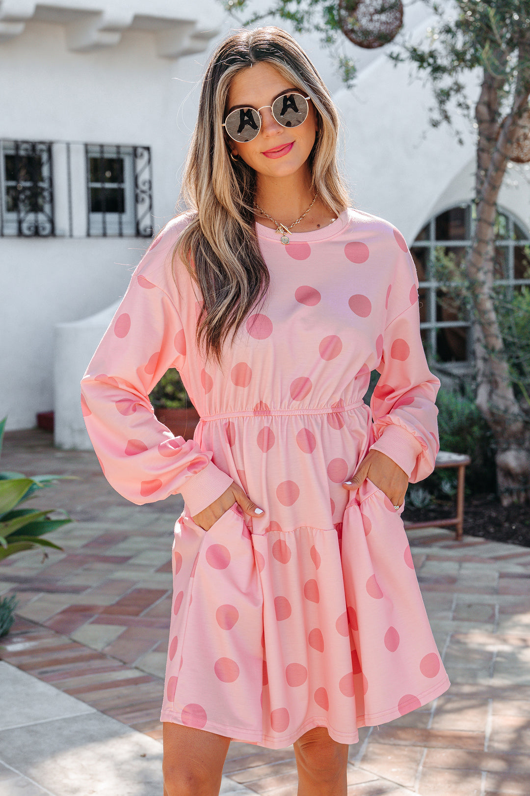 Polka Dot Printed Long Sleeve Flared Mini Dress