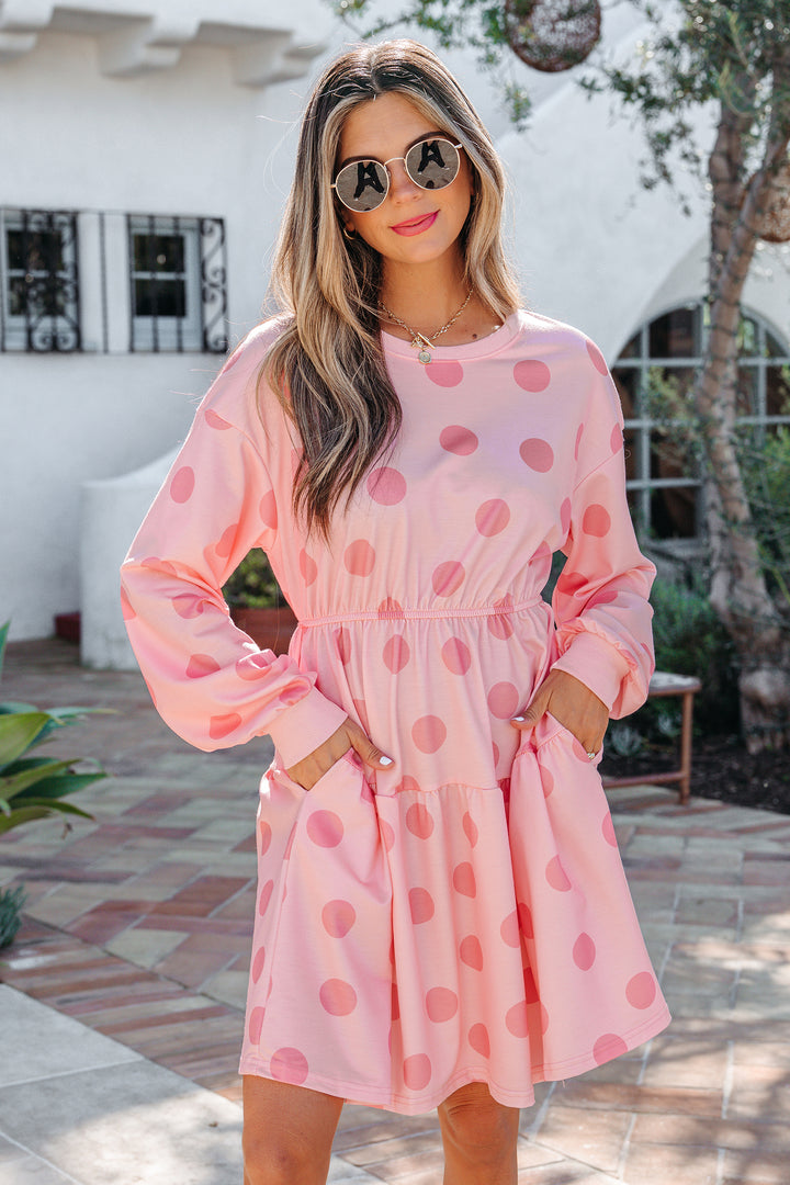 Polka Dot Printed Long Sleeve Flared Mini Dress