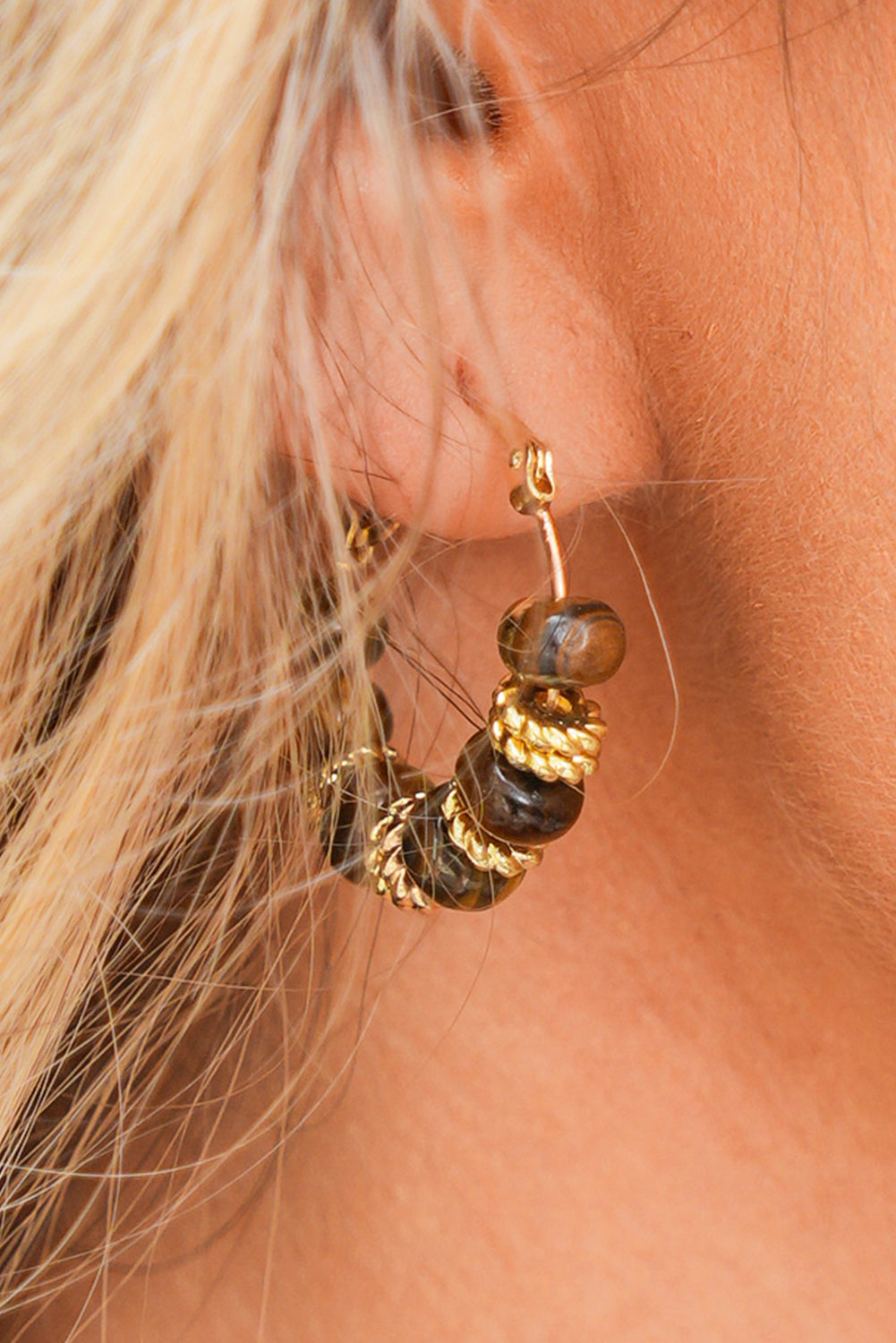 Retro Tiger Eye Stone Loop Clip-On Earrings