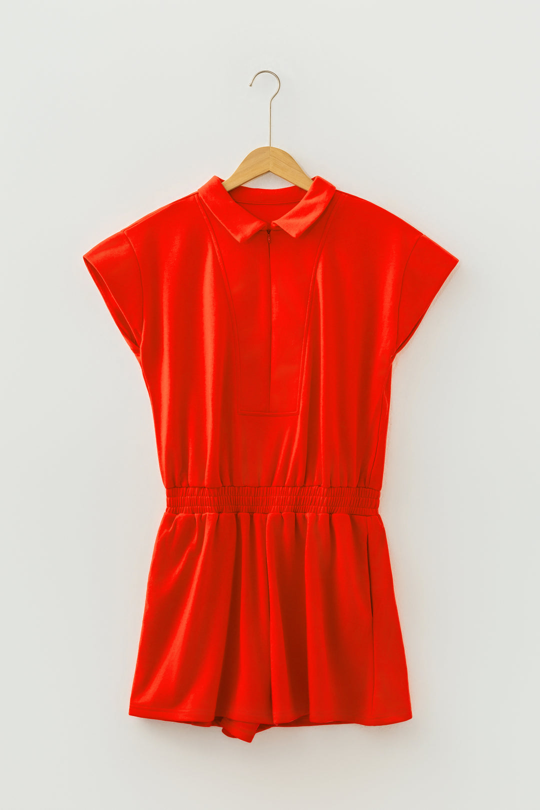 Tomato Red Half Zip Polo Tee Elastic Waist Romper
