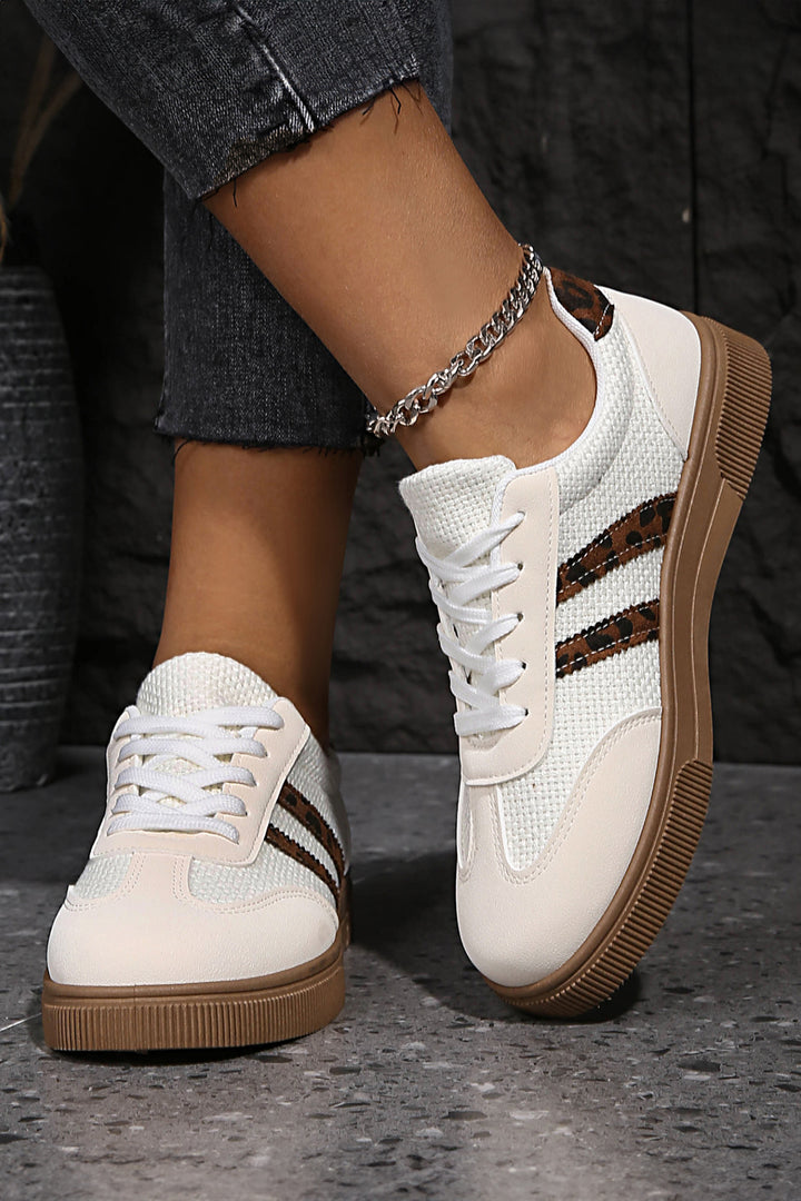 Textured Woven PU Leather Leopard Patchwork Flat Sneakers