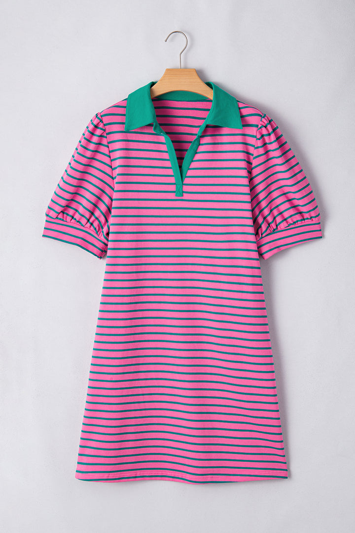 Rose Stripe Collared V Neck Shift T Shirt Dress with Pockets