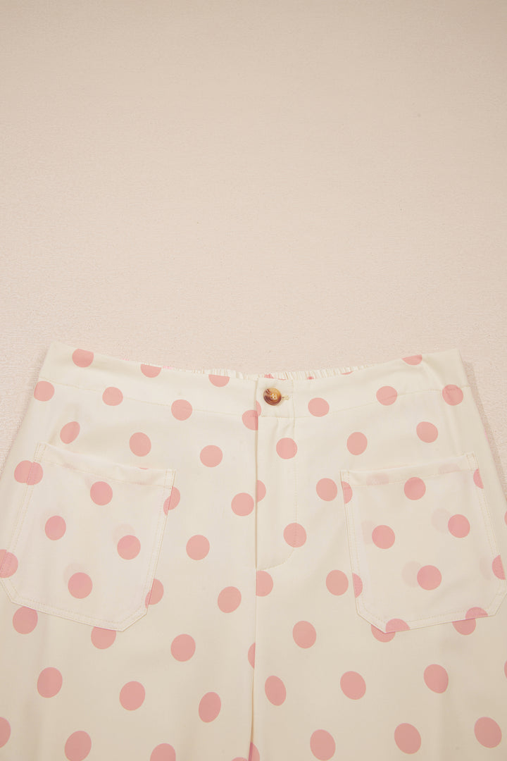 White Polka Dot Print Patched Pocket Mid-rise Straight Leg Pants