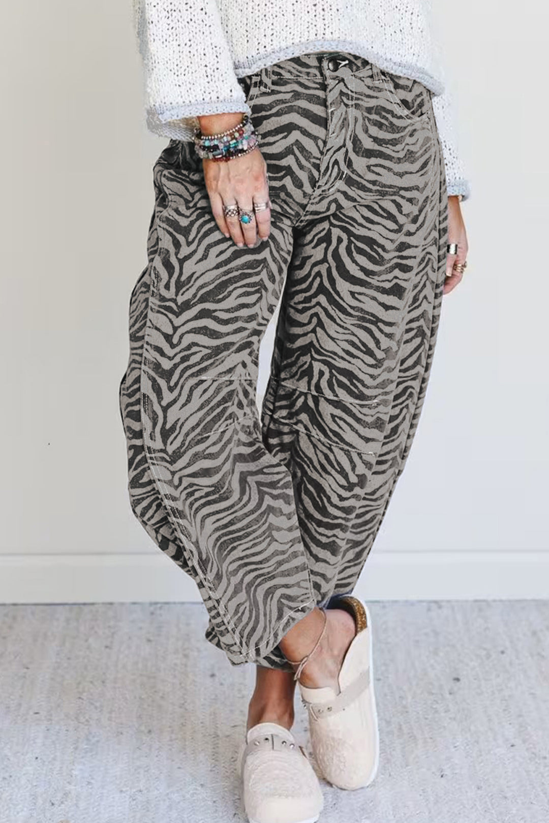 Gray Zebra Stripe Printed Wide Leg Barrel Jeans