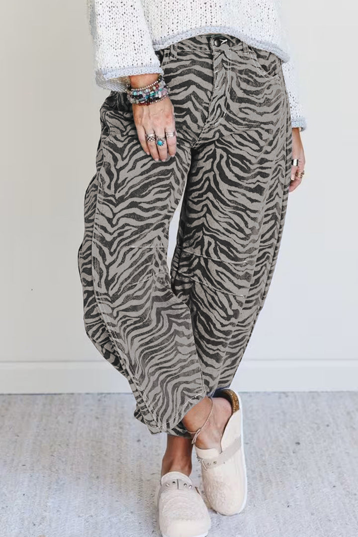 Gray Zebra Stripe Printed Wide Leg Barrel Jeans