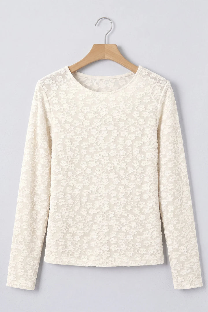 White Solid Color Floral Textured Long Sleeve Top