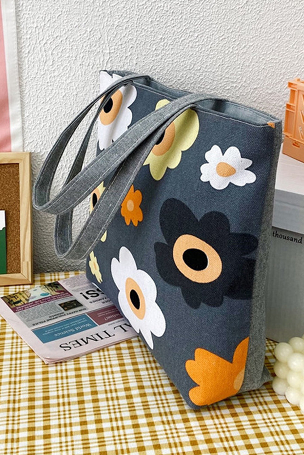 Flower Print Canvas Zipper Large Tote Bag