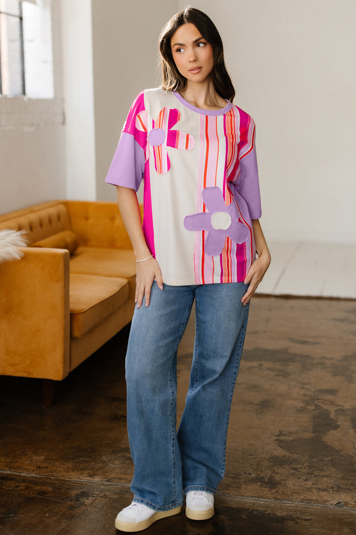 Striped Color Block Flower Patched Half Sleeve Loose Top