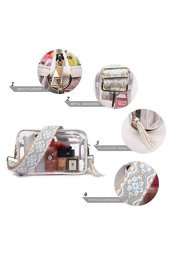 Transparente Schultertasche mit Quaste und Geo-Print am Rand