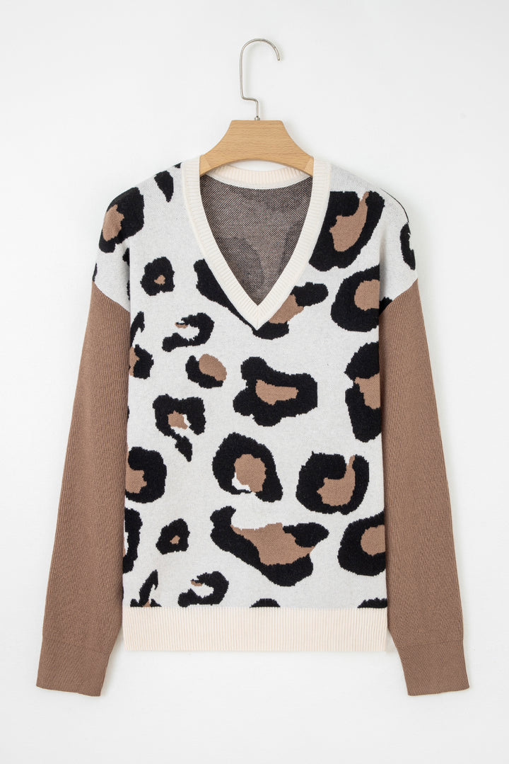 Leopard Print Color Block Patchwork Sleeve V Neck Sweater