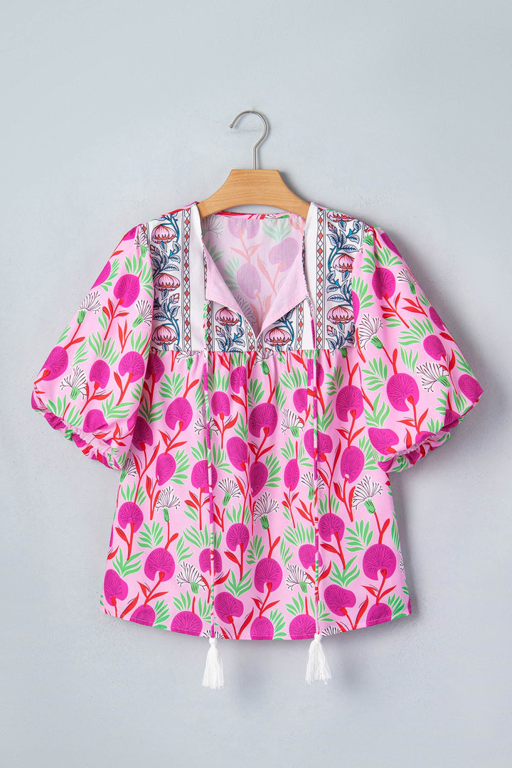 Pink Floral Print Short Sleeve Contrast Patchwork Tassel Tie Blouse