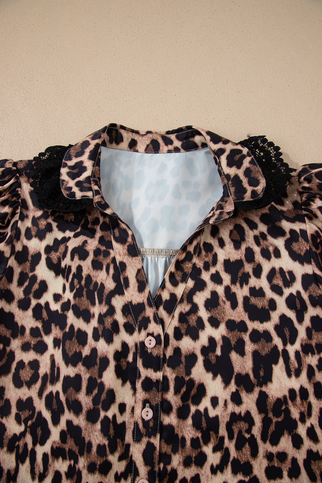 Leopard Print Button Down Lace Trim Short Sleeve Shirt