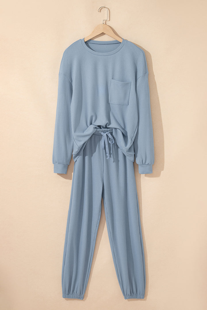 Dusk Blue Solid Color Ribbed Loose Long Sleeve Top Casual Pant Set