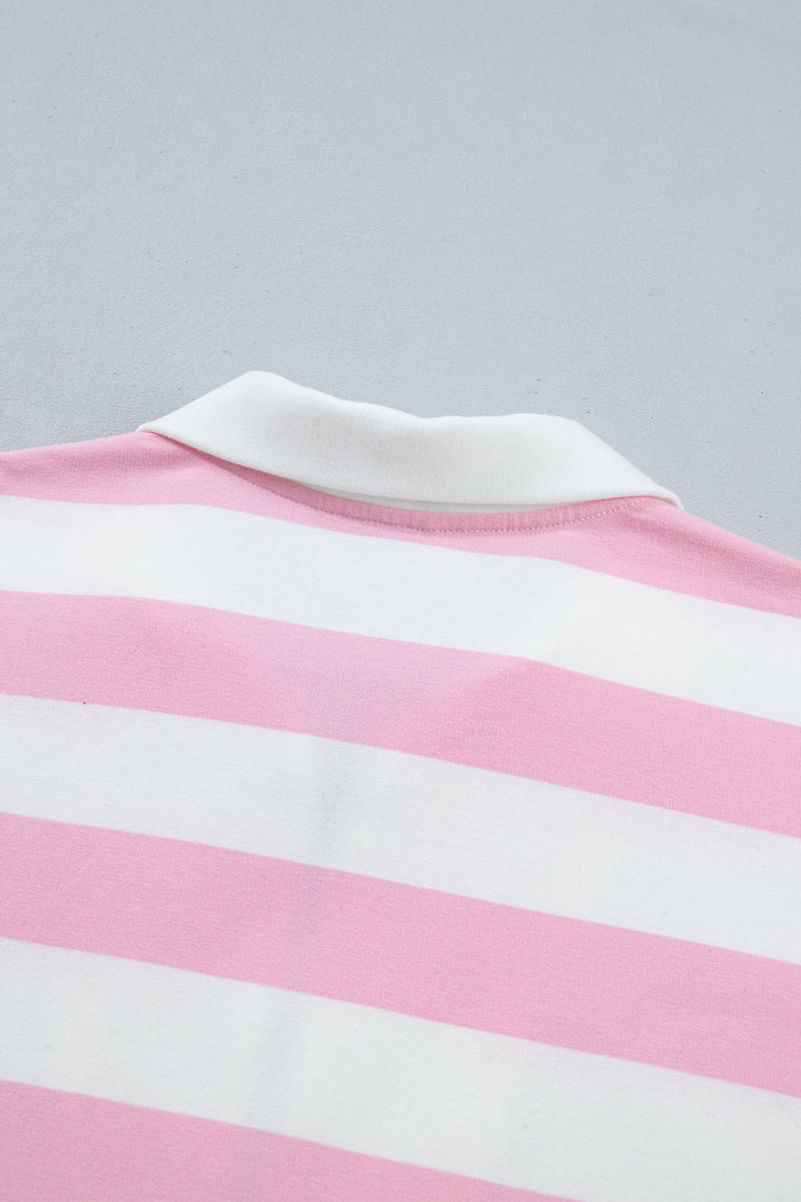 Pink Stripe Patchwork Zipper Pullover Elastic Waist Shorts 2pcs Set