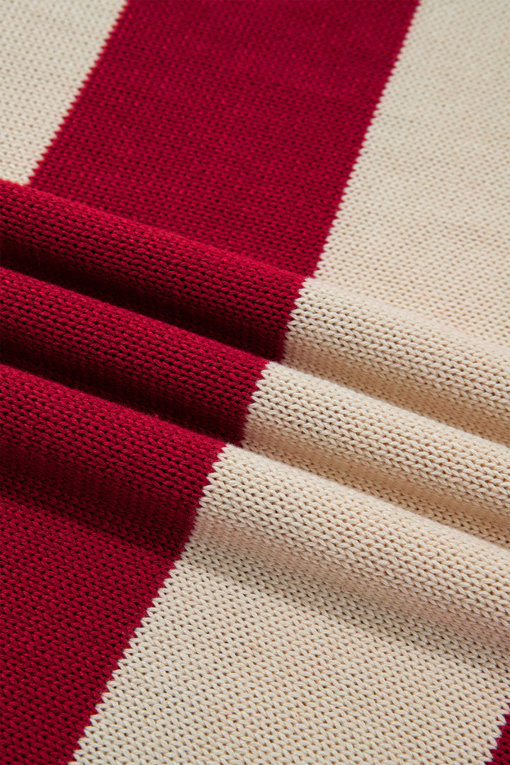 Red Stripe Ribbed Trim High Neck Relaxed Pullover Sweater