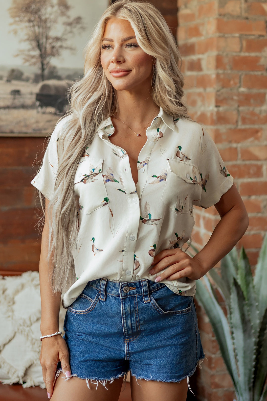 White Mallard Printed Button Flap Pocket Short Sleeve Shirt