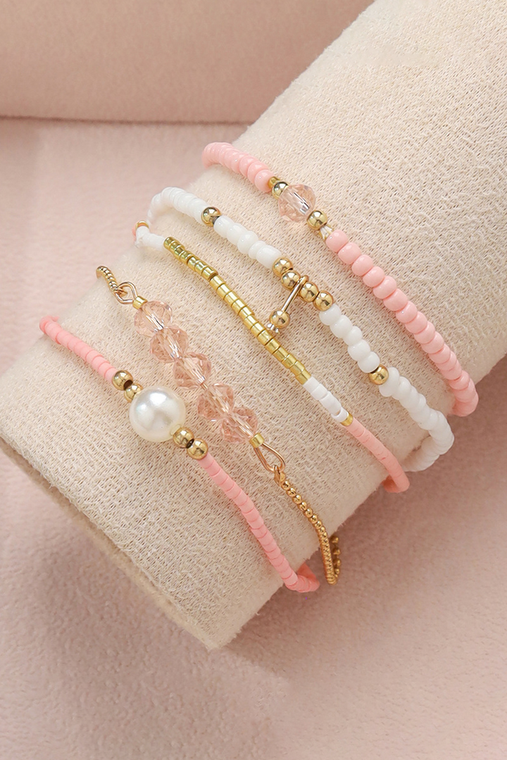 Pearl Crystal Bead Detail 5pcs Elastic Bracelet Set
