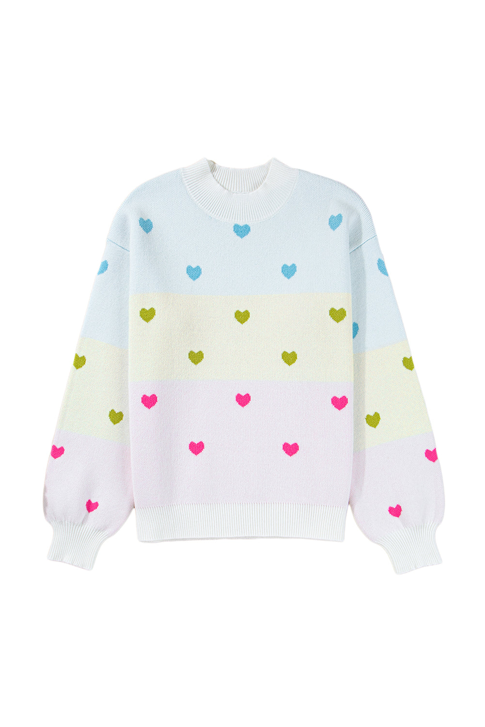 Multicolour Heart Pattern Colorblock Knit High Neck Baggy Sweater