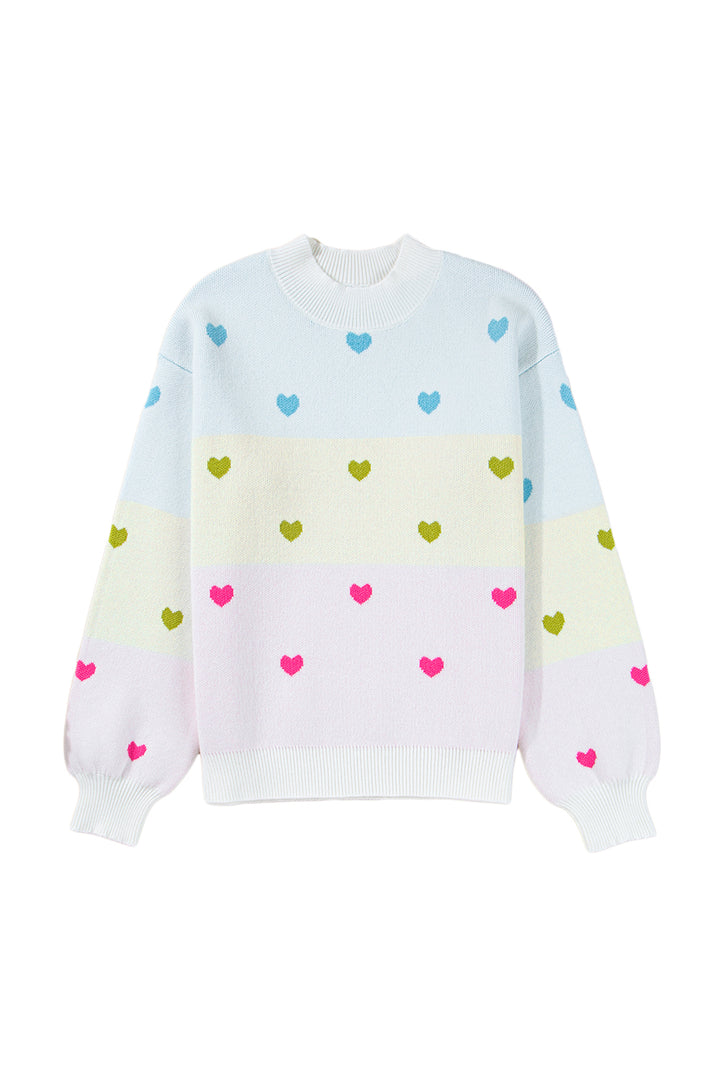 Multicolour Heart Pattern Colorblock Knit High Neck Baggy Sweater
