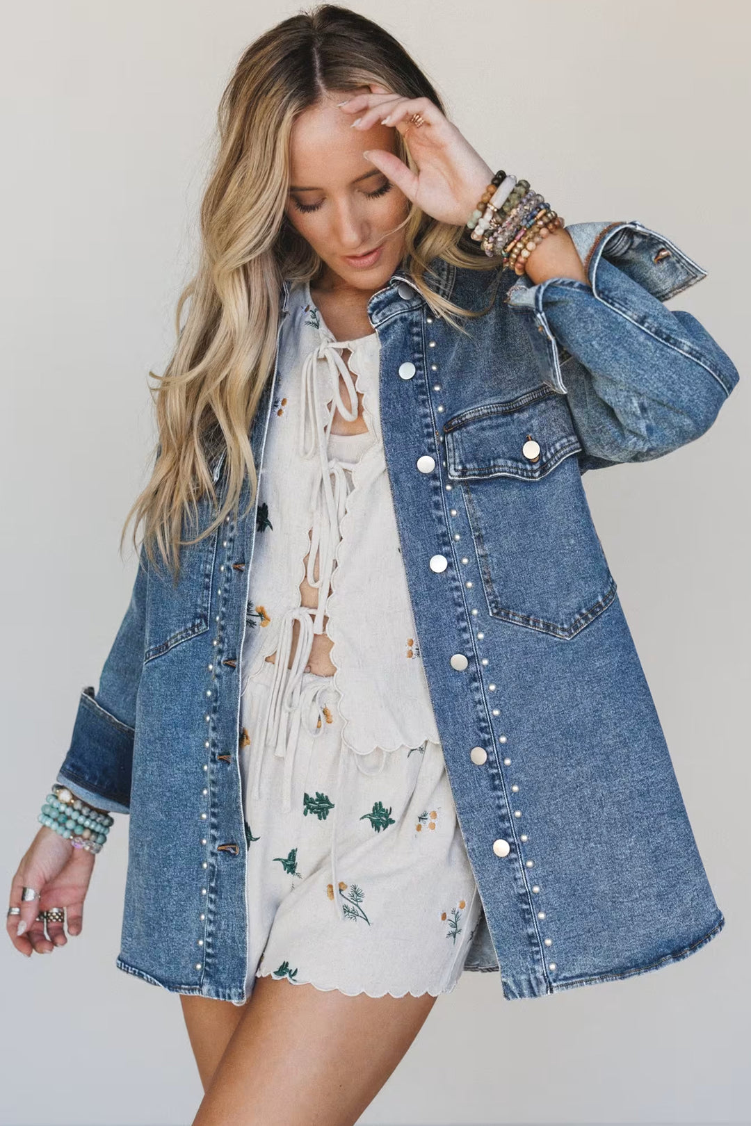 Sail Blue Rivet Embellished Western Style Regular Fit Denim Jacket