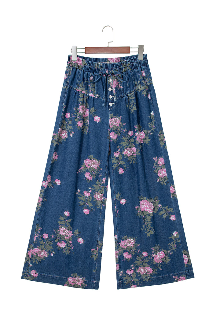Blue Retro Floral Print Tie Elastic Waist Button Pintuck Wide Leg Jeans