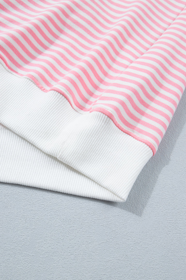 Pink Stripe Cuffed Sleeve Contrast Mock Neck Tee Casual 2pcs Short Set