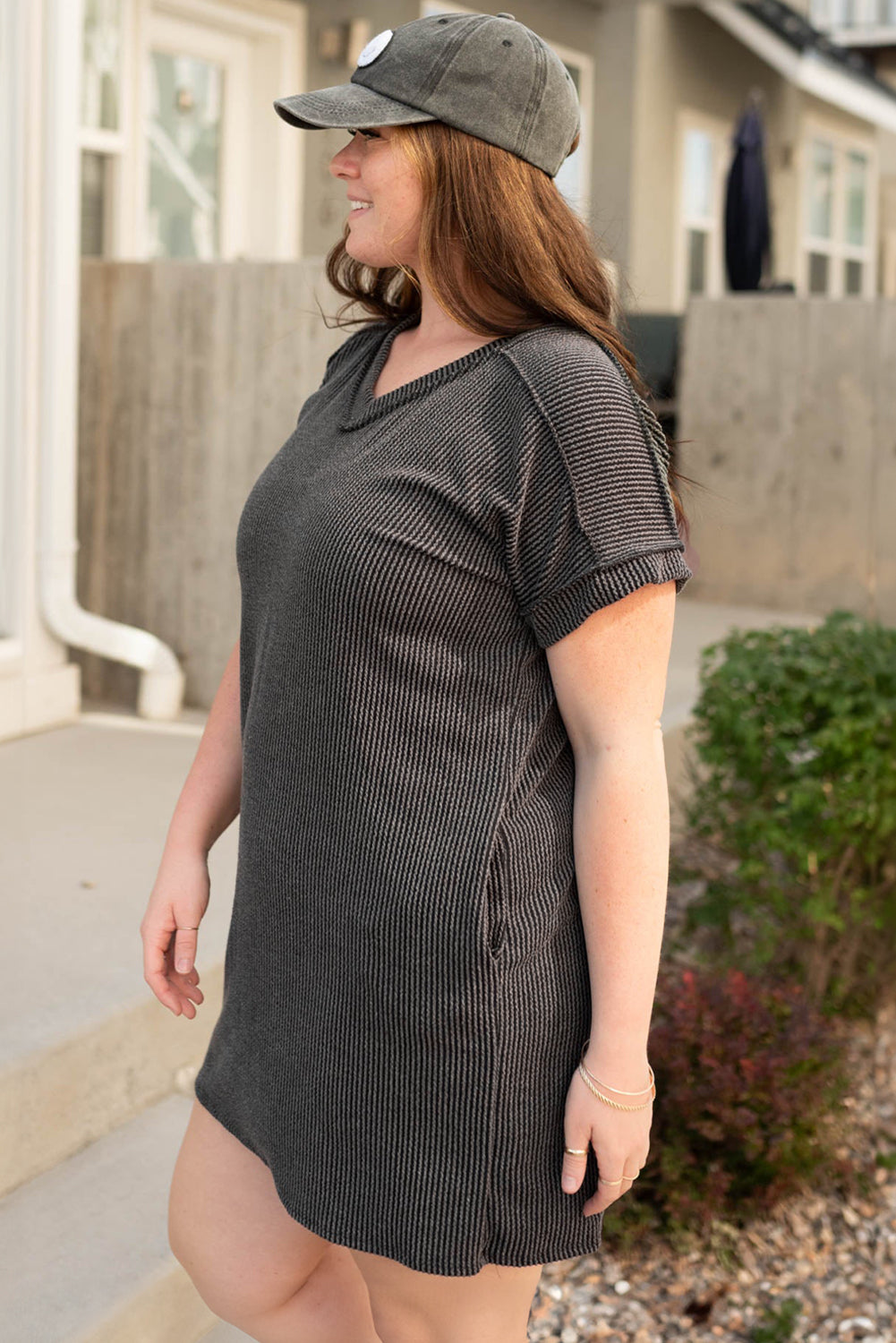 Casual Carbon Grey Corded V Neck Plus Size T Shirt Dress with Pockets