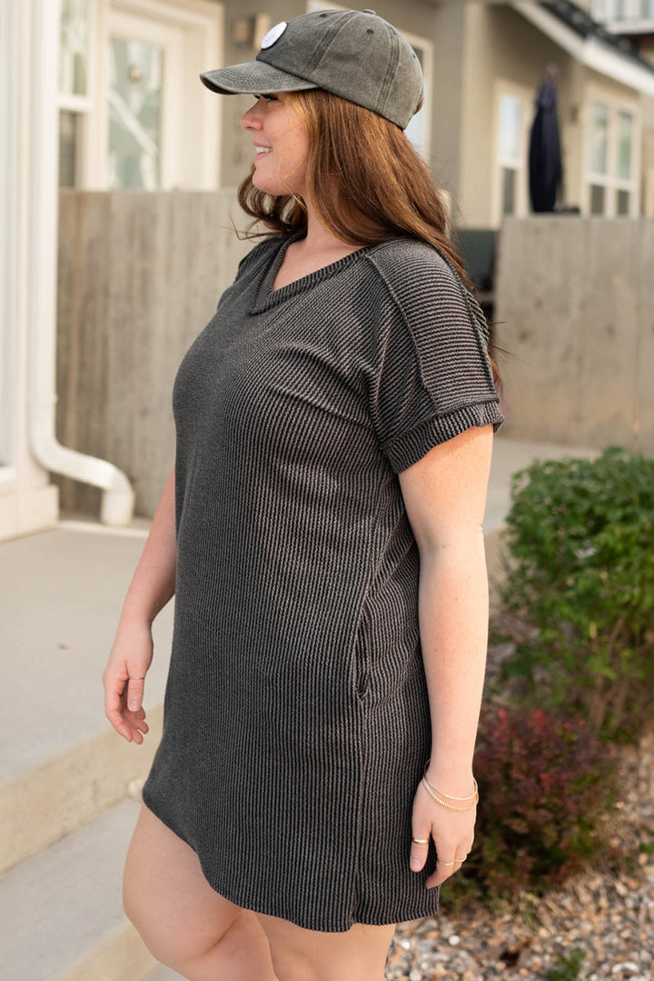 Casual Carbon Grey Corded V Neck Plus Size T Shirt Dress with Pockets