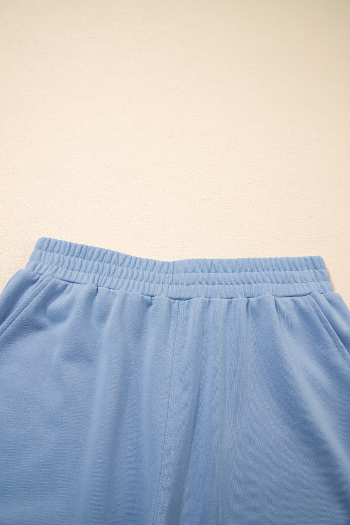 Sky Blue Solid Color Contrast Textured Patchwork Raw Edge 2pcs Short Set