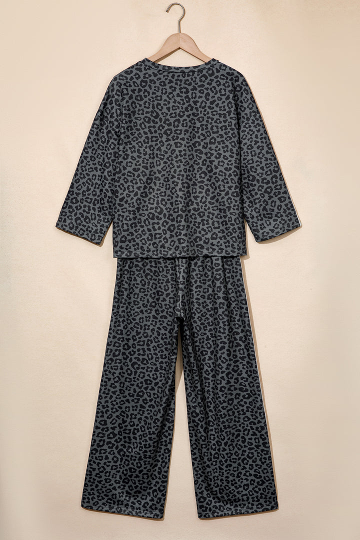 Gray Leopard Print Varsity Striped Detail 3/4 Sleeve Top Shift Pant Set