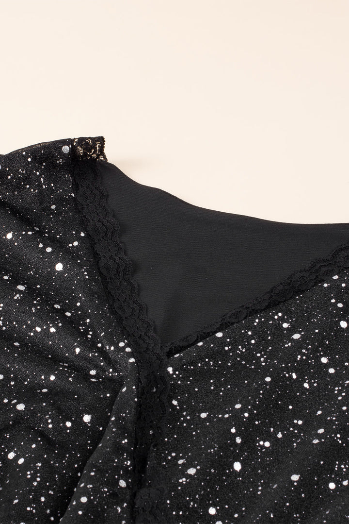Glitter Mesh Overlay V Neck Long Sleeve Dress