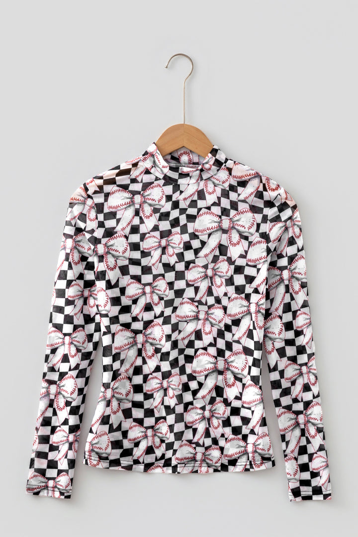 Black Checkered Baseball Bow Print High Neck Long Sleeve Mesh Top