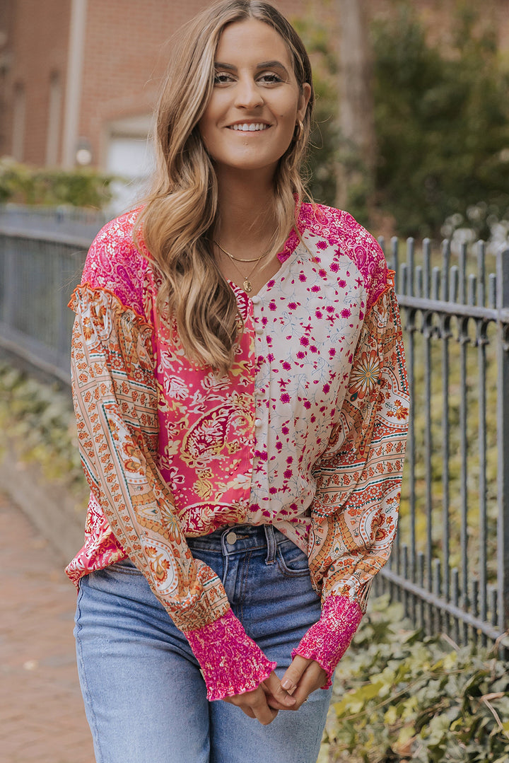 Mixed Floral Printed Puff Sleeve V-Neck Shirt