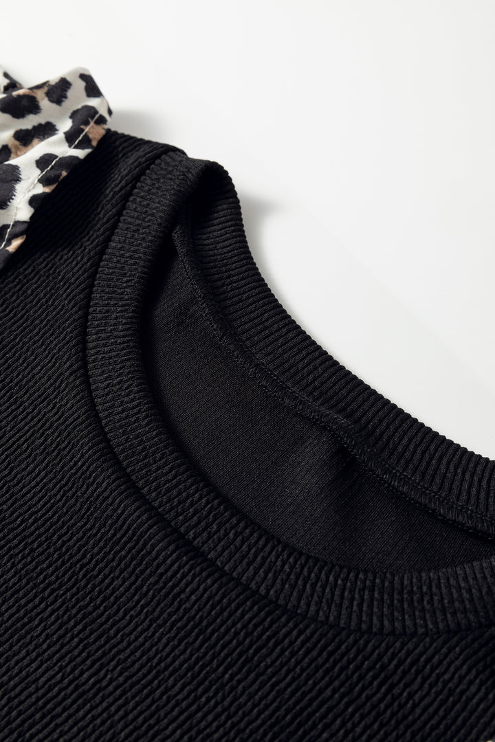 Contrast Leopard Ruffled Short Sleeve Ribbed Knit Top