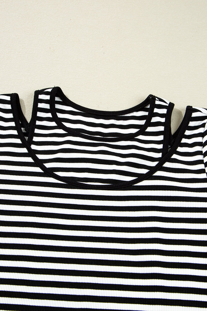 Black Stripe Double-layer Cold Shoulder Long Sleeve Top