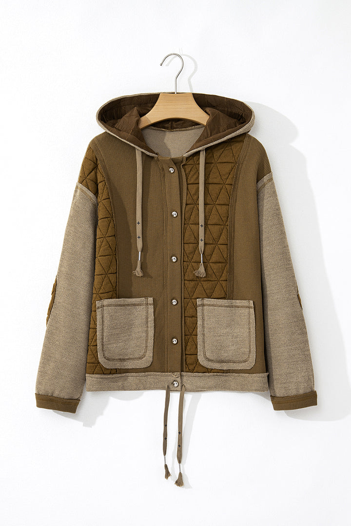 Green Quilted Textured Patchwork Loose Fit Hooded Jacket