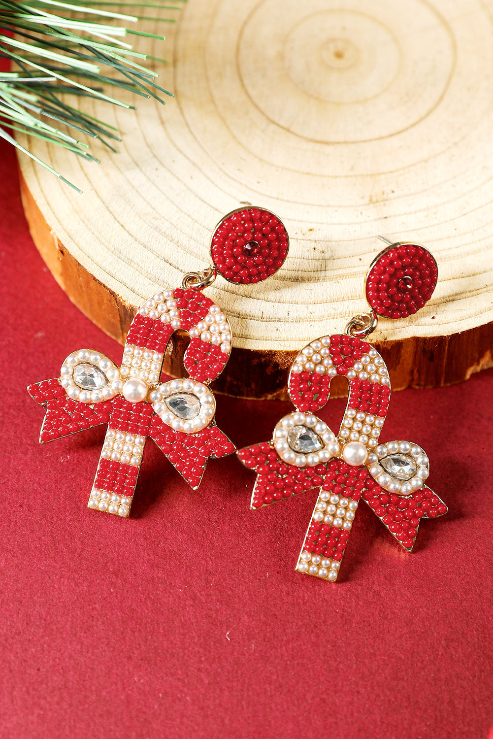 Christmas Candy Cane Pearl Beaded Dangle Earrings