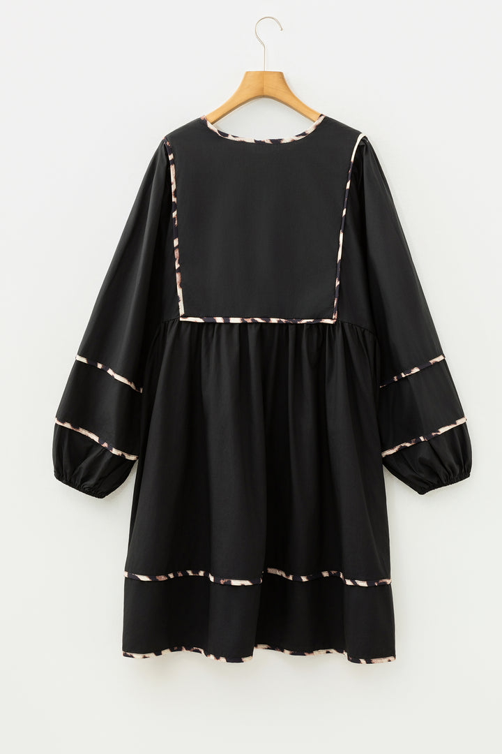 Black Plus Size Leopard Contrasted Trim Tie Neck Flared Mini Dress