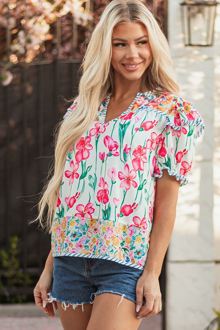 floral print striped detail split neck short sleeve blouse