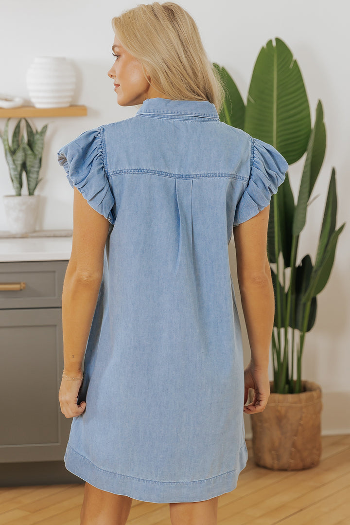 Flutter Sleeve Shirred Detail Button Up Denim Mini Dress