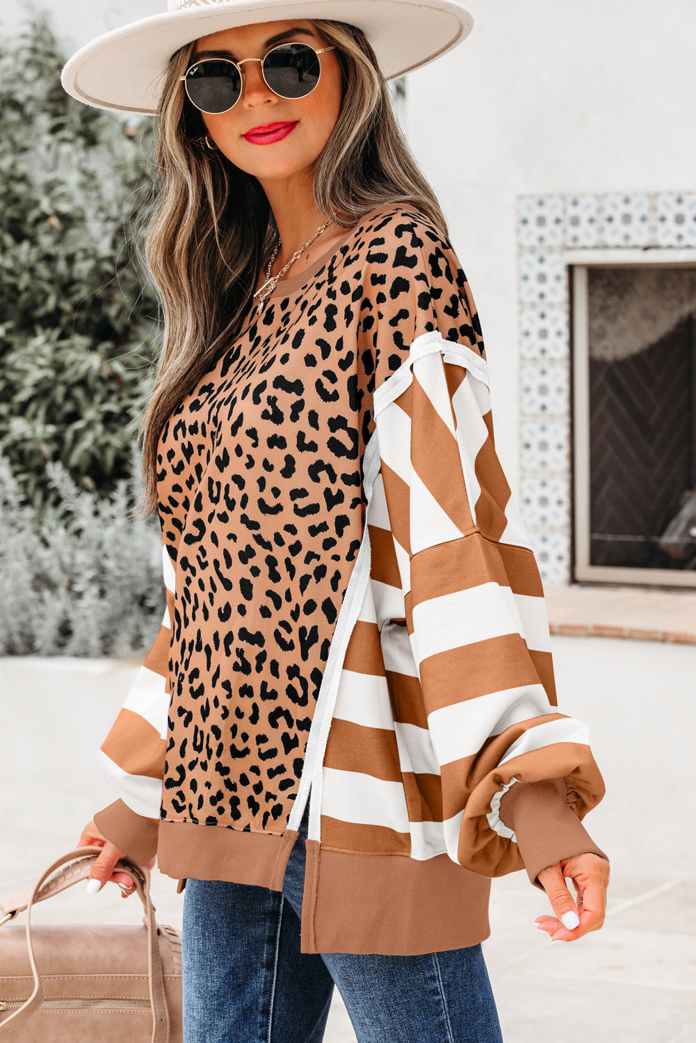 Color Block Patchwork Leopard Casual Sweatshirt with Slits
