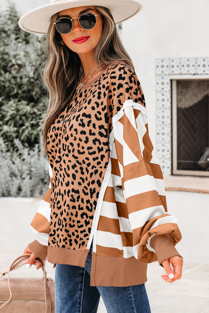 Color Block Patchwork Leopard Casual Sweatshirt with Slits