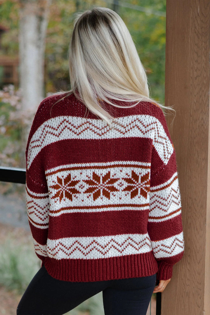 Red Geometric Pattern Zip-Up Knit Regular Fit Cardigan