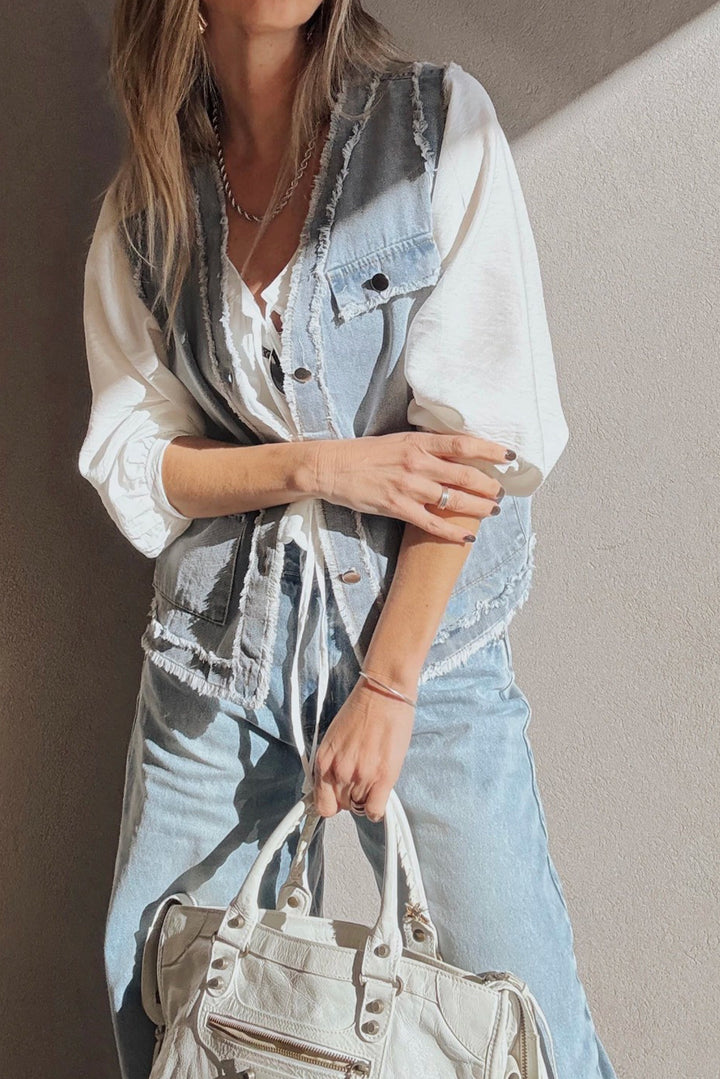 Beau Blue Frayed Edge Flap Pockets Denim Vest Jacket