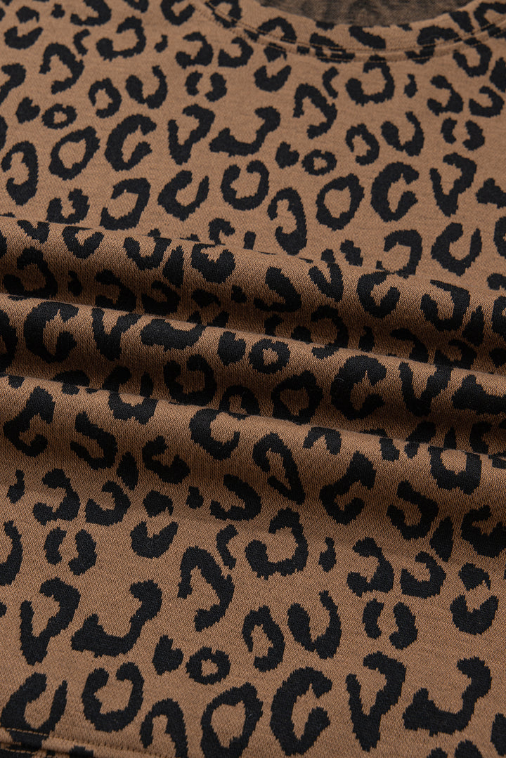 Brown Varsity Striped Trim Leopard Long Sleeve Top Drawstring Pant Set