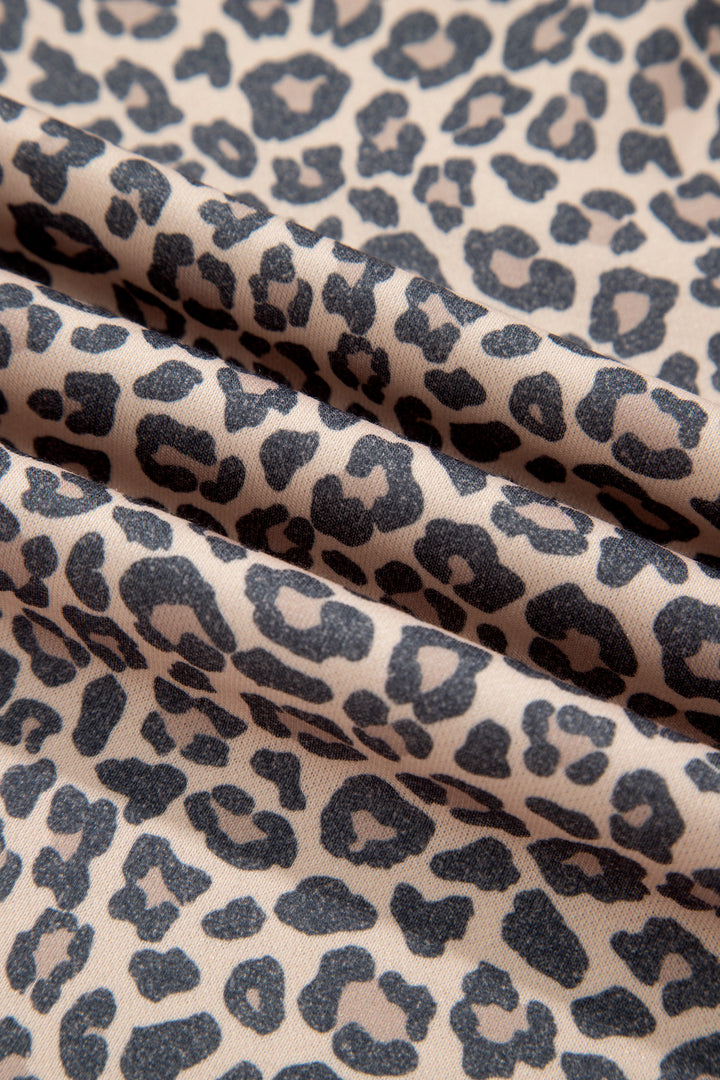 Multicolour Leopard Print High Neck Long Sleeve Ribbed Cuffs Hem Sweatshirt