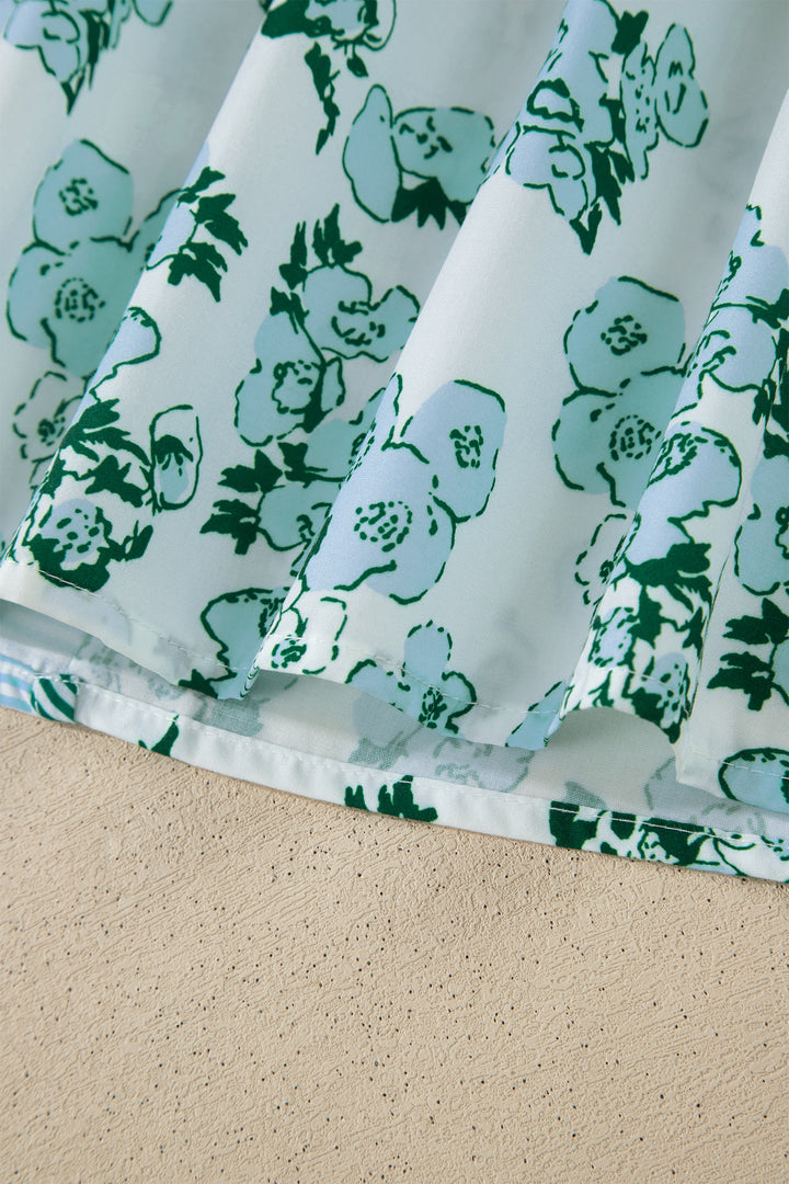 Green Floral Meets Stripes V Neck Flutter Sleeve Blouse