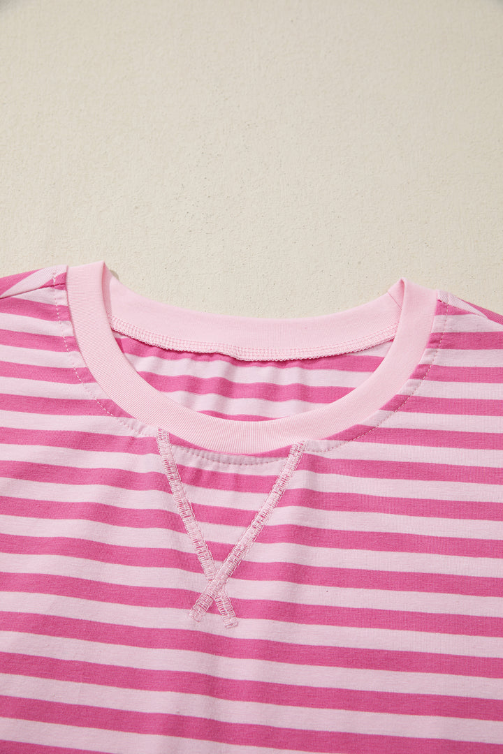 Pink Stripe Cap Sleeve Tee Elastic Waist Shorts 2pcs Outfit