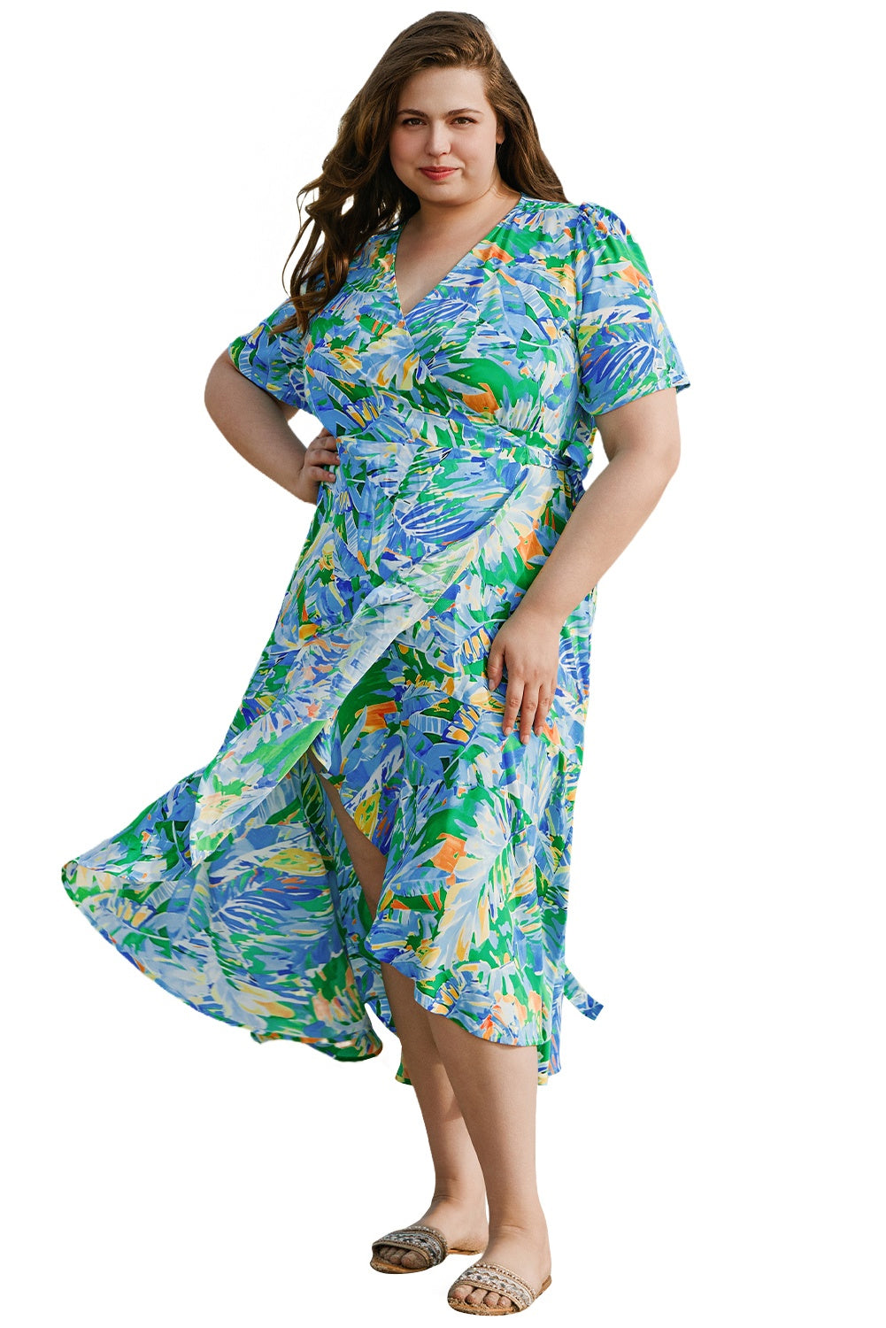 Leaves Print Short Sleeve Surplice Neck Ruffled Trim Plus Size Maxi Dress